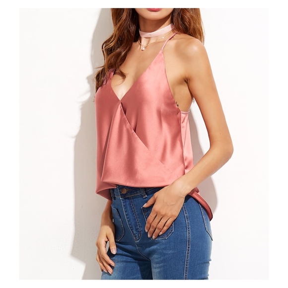 Pink Sleeveless Satin Wrap Cami Top Blouse - Picture 2 of 5